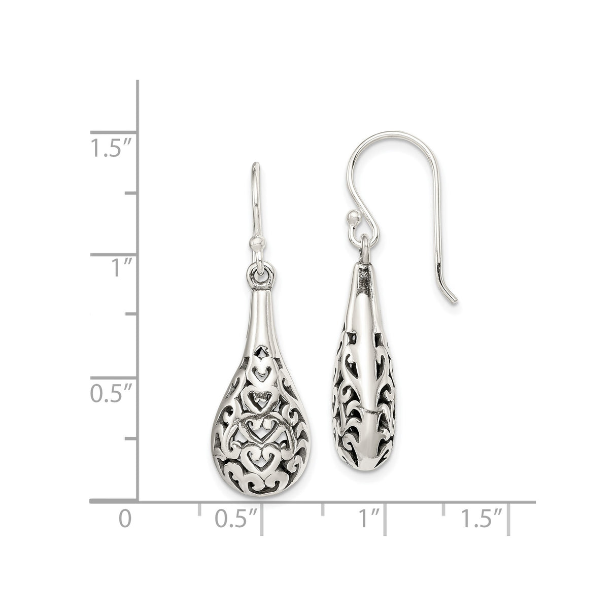 Sterling Silver Teardrop Dangle Earrings with Filigree Heart Scroll Design for Women