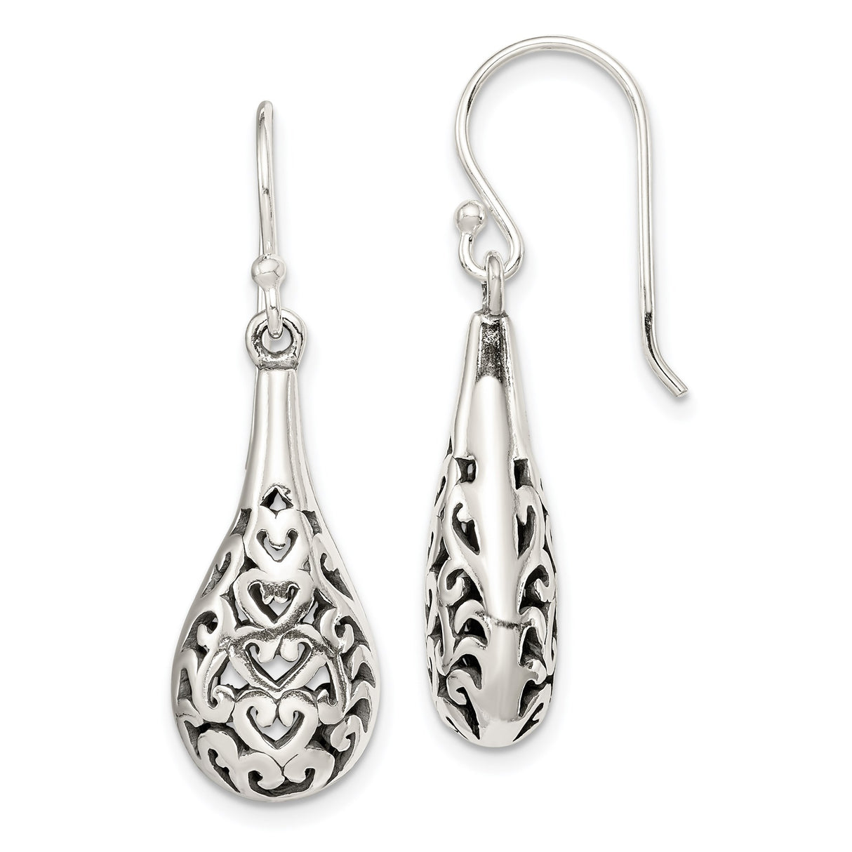 Sterling Silver Teardrop Dangle Earrings with Filigree Heart Scroll Design for Women