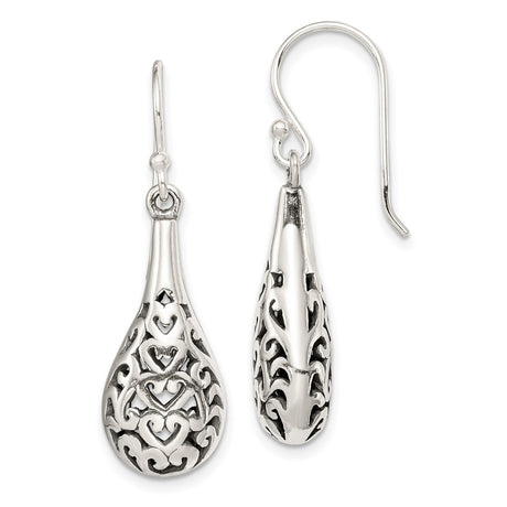 Sterling Silver Teardrop Dangle Earrings with Filigree Heart Scroll Design for Women