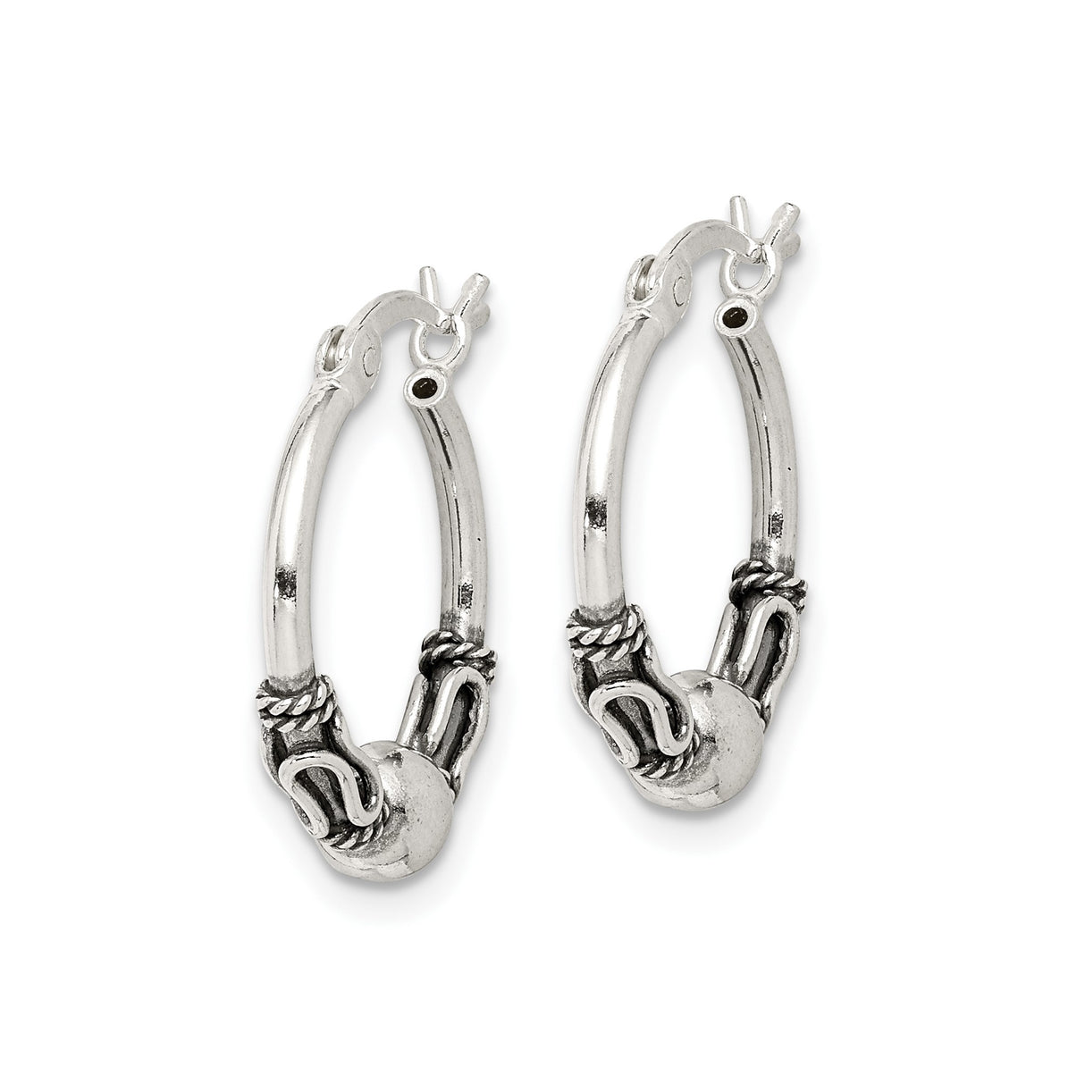 Sterling Silver Hoop Earrings with Twisted Rope Design and Polished Bead Accent