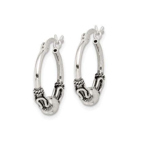 Sterling Silver Hoop Earrings with Twisted Rope Design and Polished Bead Accent