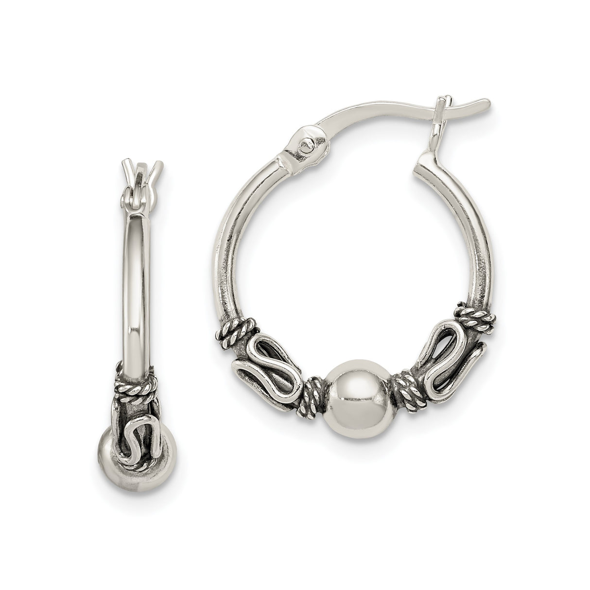 Sterling Silver Hoop Earrings with Twisted Rope Design and Polished Bead Accent