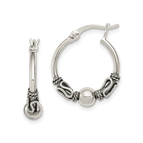 Sterling Silver Hoop Earrings with Twisted Rope Design and Polished Bead Accent