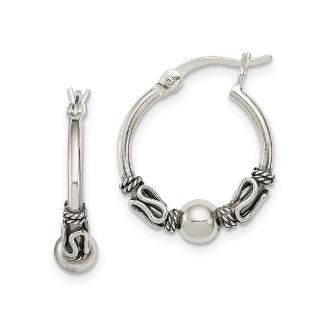 Sterling Silver Hoop Earrings with Twisted Rope Design and Polished Bead Accent