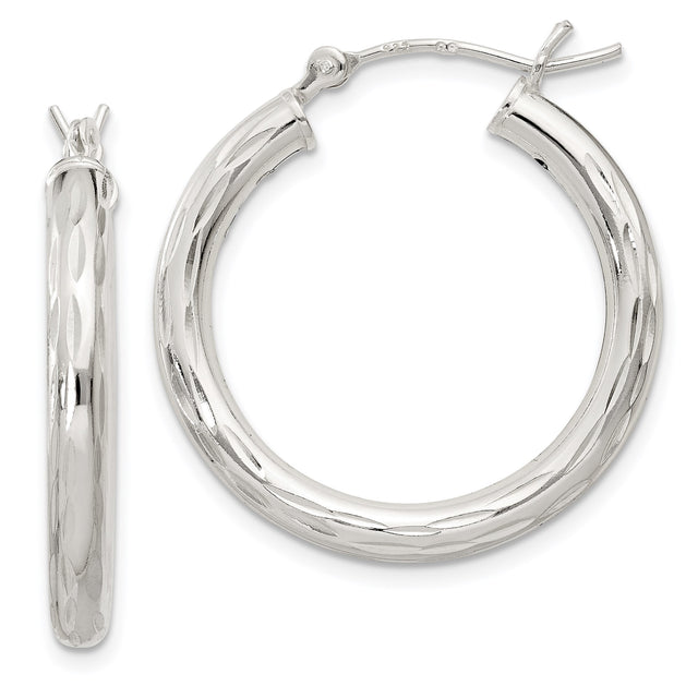 Sterling Silver Hoop Earrings, Diamond-Cut Textured Lightweight Hinged Hoops for Women