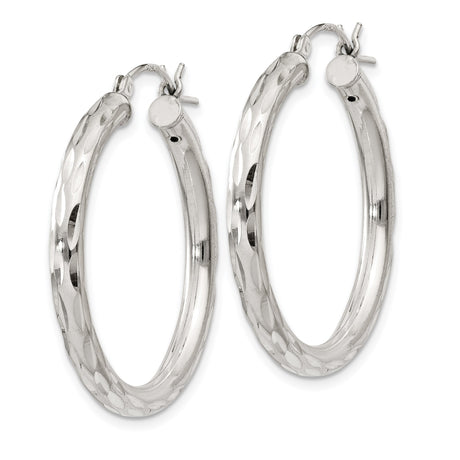 Sterling Silver Hoop Earrings with Diamond Cut and Textured Polished Finish for Women