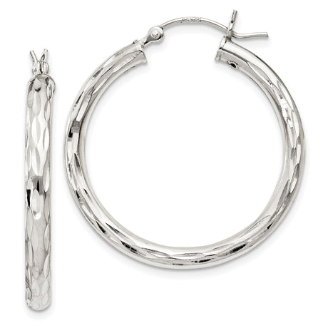Sterling Silver Hoop Earrings with Diamond Cut and Textured Polished Finish for Women