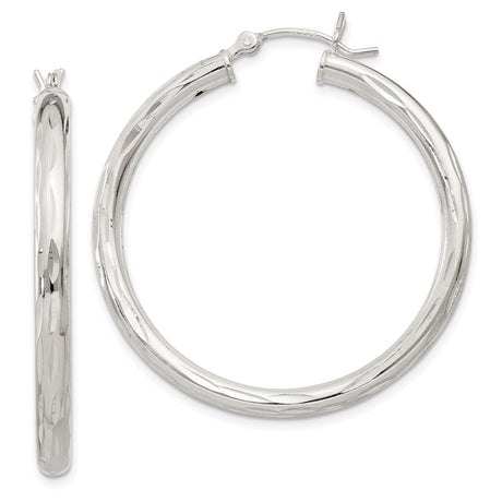Sterling Silver Hoop Earrings, Diamond-Cut Texture, Polished Finish, Lightweight Round Design
