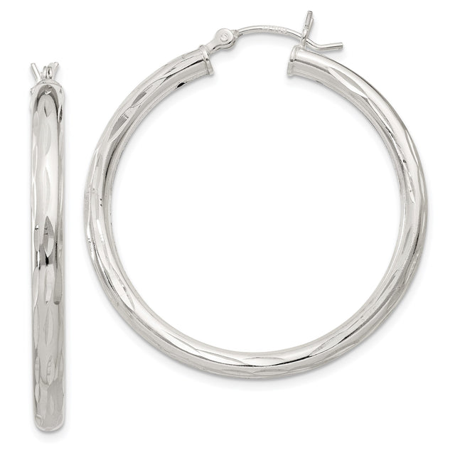 Sterling Silver Hoop Earrings, Diamond-Cut Texture, Polished Finish, Lightweight Round Design