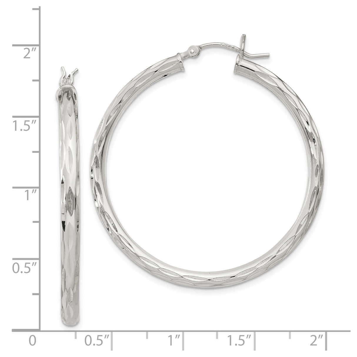 Sterling Silver Hoop Earrings, Diamond-Cut Textured Lightweight Hinged Design for Women