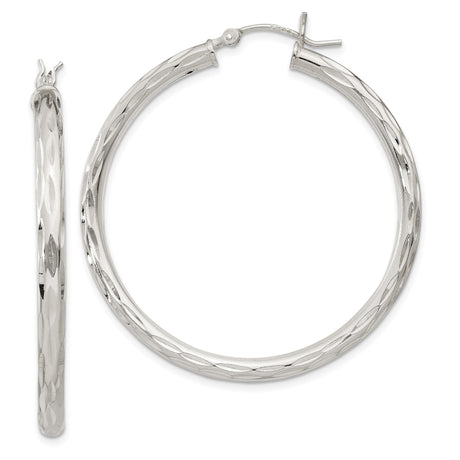 Sterling Silver Hoop Earrings, Diamond-Cut Textured Lightweight Hinged Design for Women