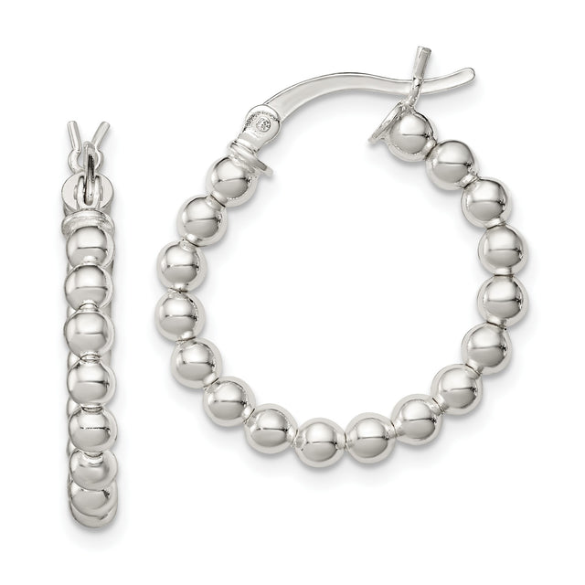 Sterling Silver Hoop Earrings with Polished Beaded Accents, Minimalist Modern Design