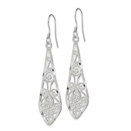 Sterling Silver Drop Earrings with Elongated Teardrop Filigree Openwork Design, Boho Vintage Style