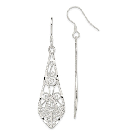 Sterling Silver Drop Earrings with Elongated Teardrop Filigree Openwork Design, Boho Vintage Style