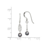 Sterling Silver Drop Earrings with Black Freshwater Pearls, Open Scroll Filigree Design