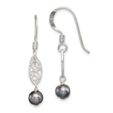 Sterling Silver Drop Earrings with Black Freshwater Pearls, Open Scroll Filigree Design