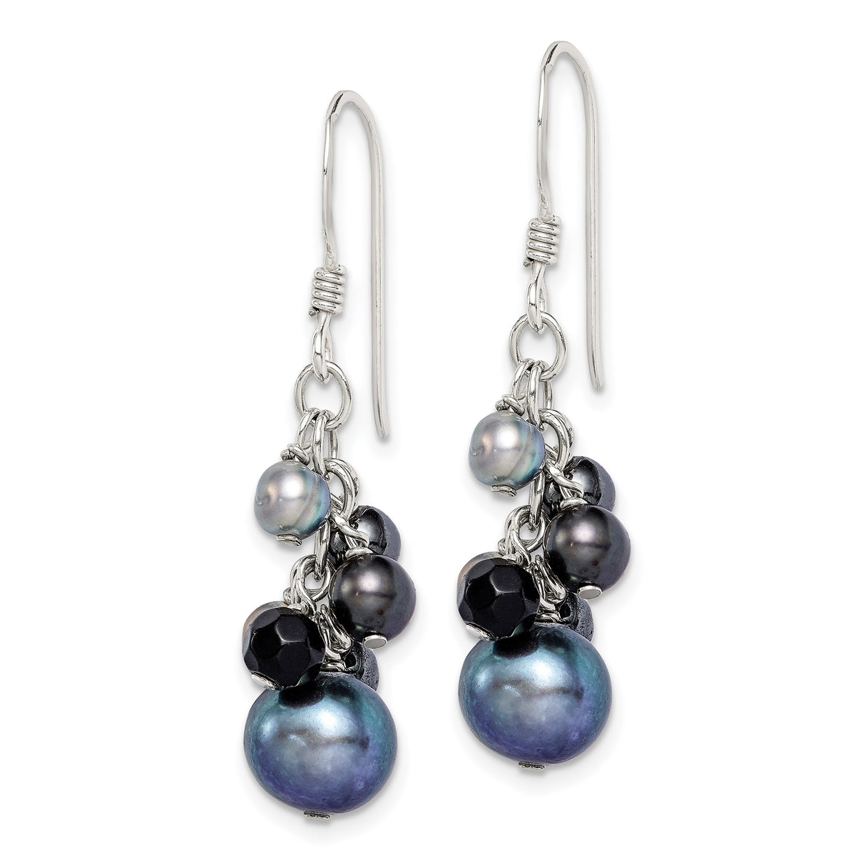 Sterling Silver Dangle Earrings with Freshwater Pearls and Onyx, Cluster Drop Design for Women