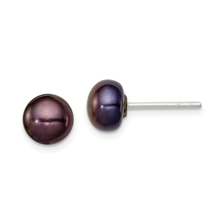 Sterling Silver Stud Earrings with Round Black Freshwater Pearls, Lustrous Button Pearl Design, Elegant Jewelry for Women, Casual or Formal Wear, Timeless Silver Studs, Understated Style