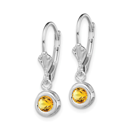 Sterling Silver Leverback Earrings with Round Citrine in Bezel Setting, Dangle Design for Women