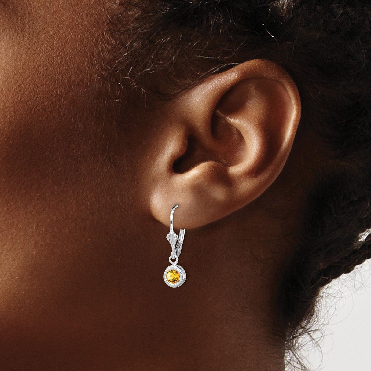 Sterling Silver Leverback Earrings with Round Citrine in Bezel Setting, Dangle Design for Women