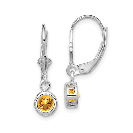 Sterling Silver Leverback Earrings with Round Citrine in Bezel Setting, Dangle Design for Women