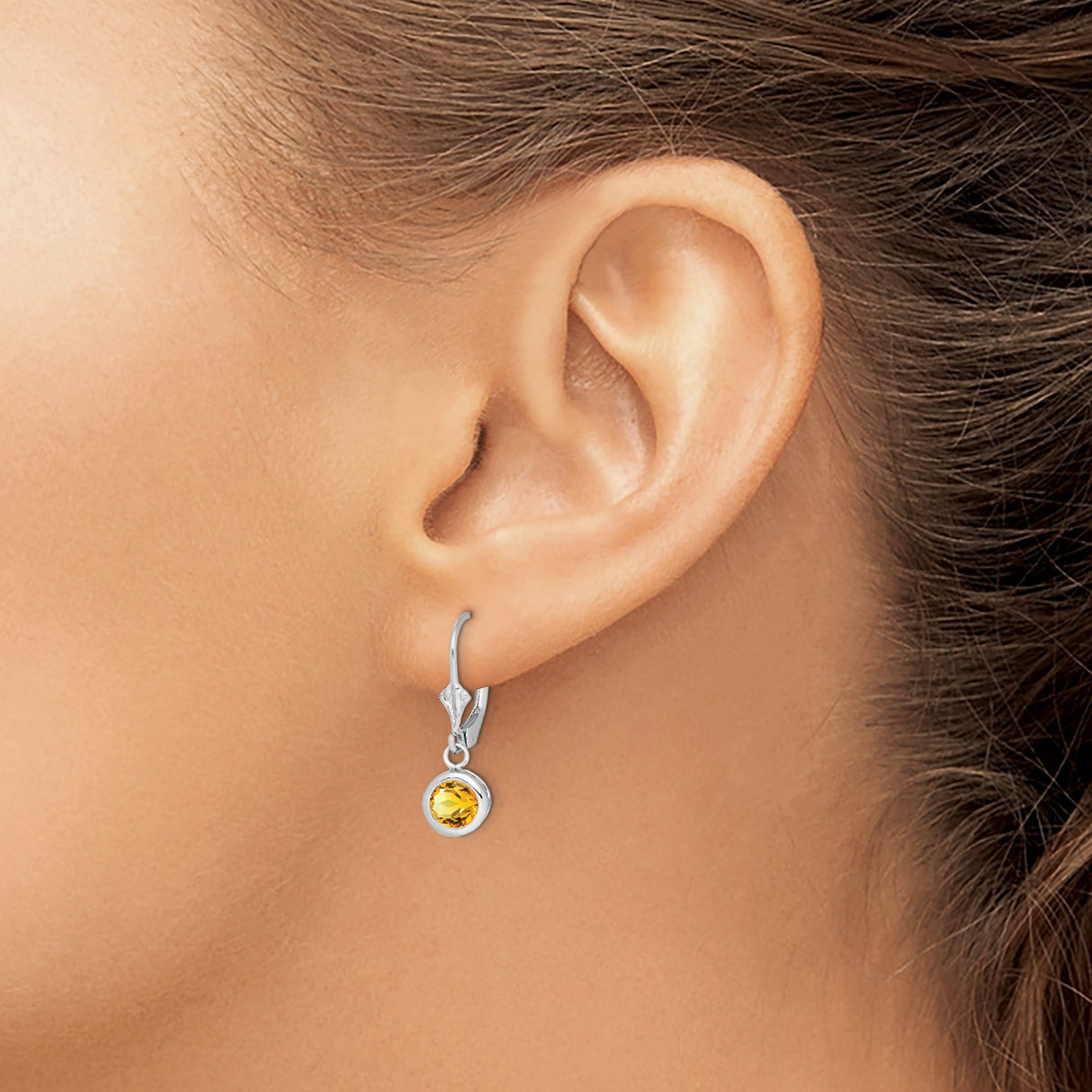 Sterling Silver Drop Earrings with Citrine, Leverback Design and Decorative Cutouts