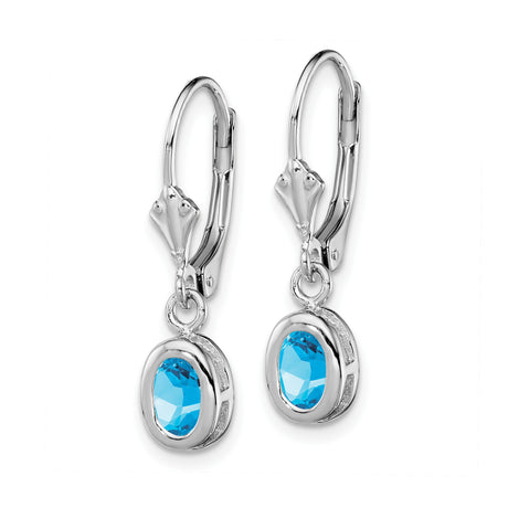Sterling Silver Drop Earrings with Oval Swiss Blue Topaz in Bezel Setting, Leverback Design