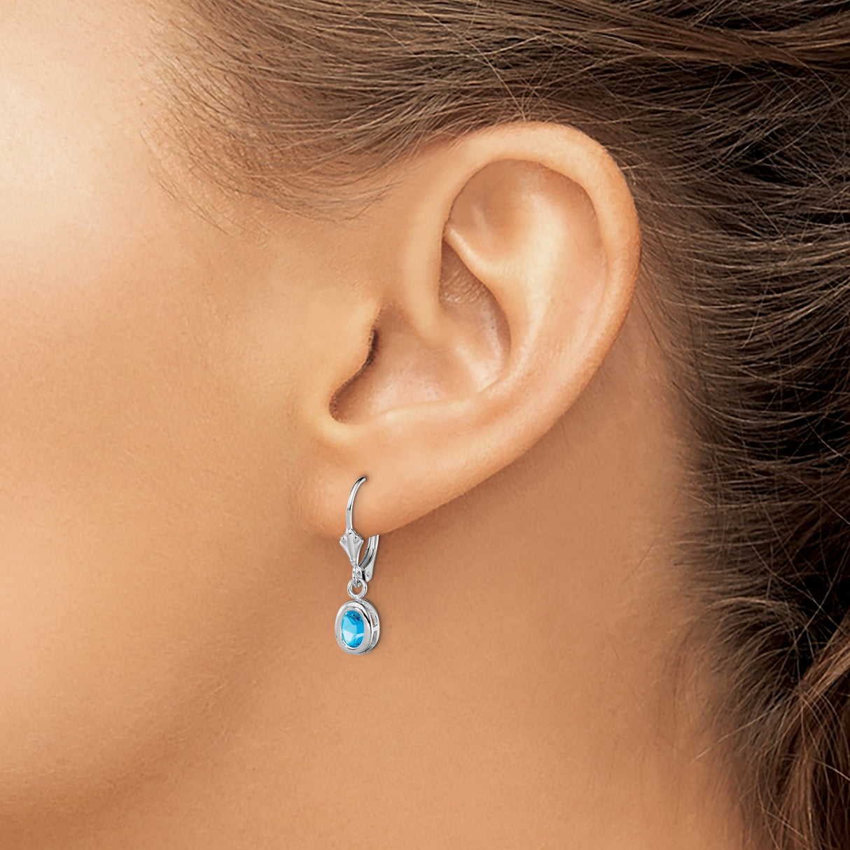 Sterling Silver Drop Earrings with Oval Swiss Blue Topaz in Bezel Setting, Leverback Design