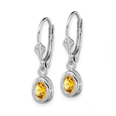 Sterling Silver Dangle Earrings with Oval Citrine, Bezel Setting, Leverback Closure