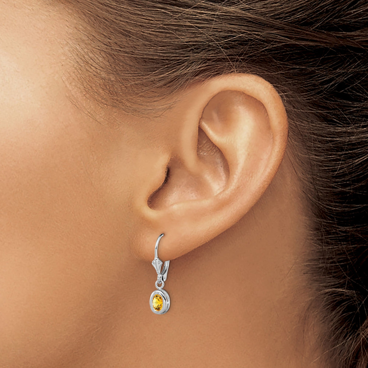 Sterling Silver Dangle Earrings with Oval Citrine, Bezel Setting, Leverback Closure