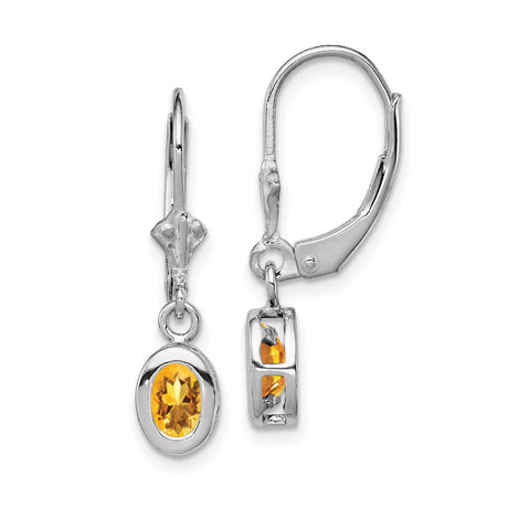 Sterling Silver Dangle Earrings with Oval Citrine, Bezel Setting, Leverback Closure