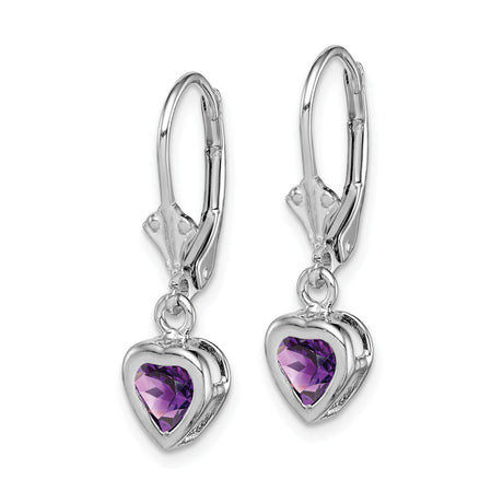 Sterling Silver Heart Dangle Earrings with Amethyst, Leverback Drop Design for Women