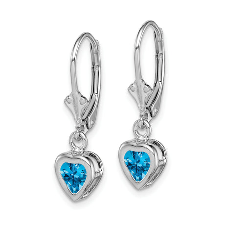 Sterling Silver Dangle Earrings with Heart Shaped Swiss Blue Topaz, Leverback Heart Design