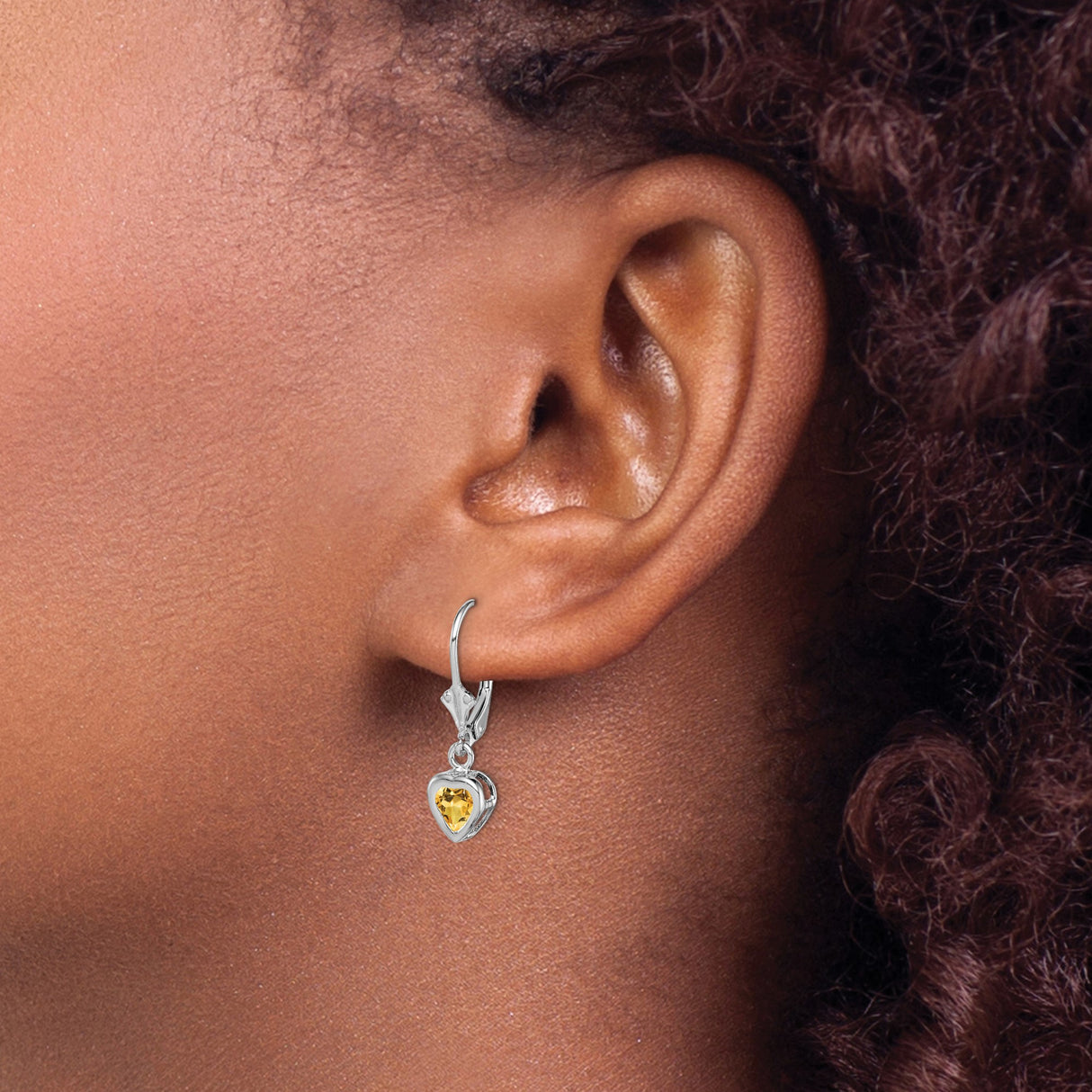 Sterling Silver Leverback Earrings with Heart Shaped Citrine, Romantic Dangle Design