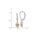 Sterling Silver Leverback Earrings with Heart Shaped Citrine, Romantic Dangle Design