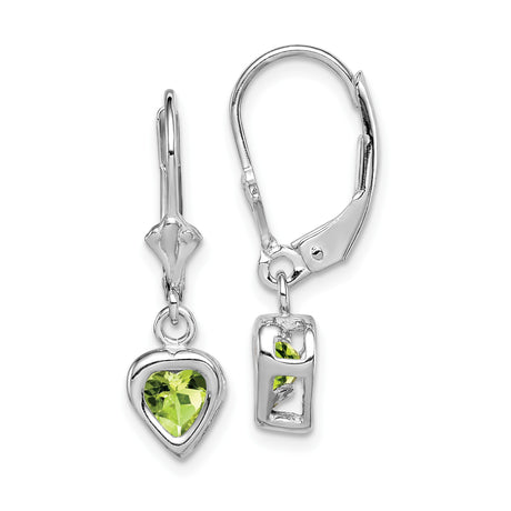 Sterling Silver Dangle Earrings with Heart Shaped Peridot Gemstones Leverback Design