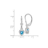 Sterling Silver Dangle Earrings with Swiss Blue Topaz, Heart Shape and Bird Motif Leverbacks