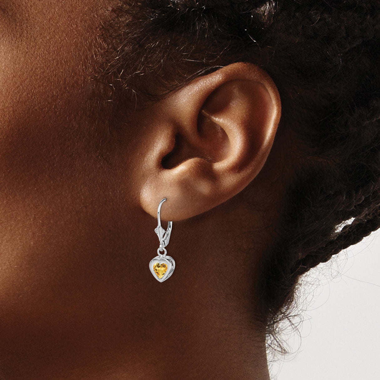 Sterling Silver Heart Drop Earrings with Citrine Gemstones, Leverback Design