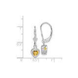 Sterling Silver Heart Drop Earrings with Citrine Gemstones, Leverback Design