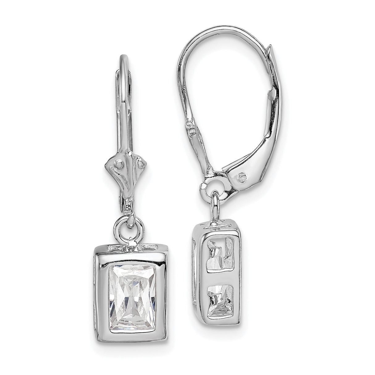 Sterling Silver Drop Earrings with Rectangular Cubic Zirconia in Bezel Setting