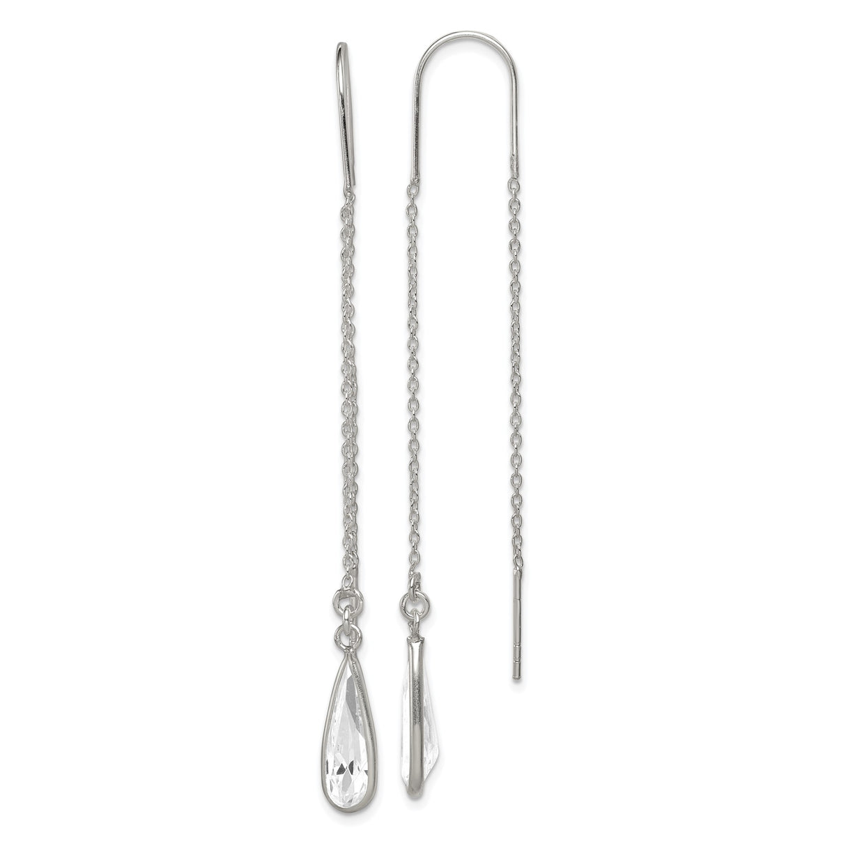 Sterling Silver Threader Earrings with Clear Teardrop Crystal, Long Delicate Chain Drop Design