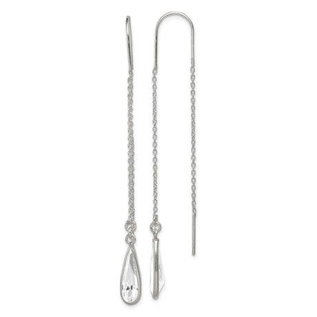 Sterling Silver Threader Earrings with Clear Teardrop Crystal, Long Delicate Chain Drop Design