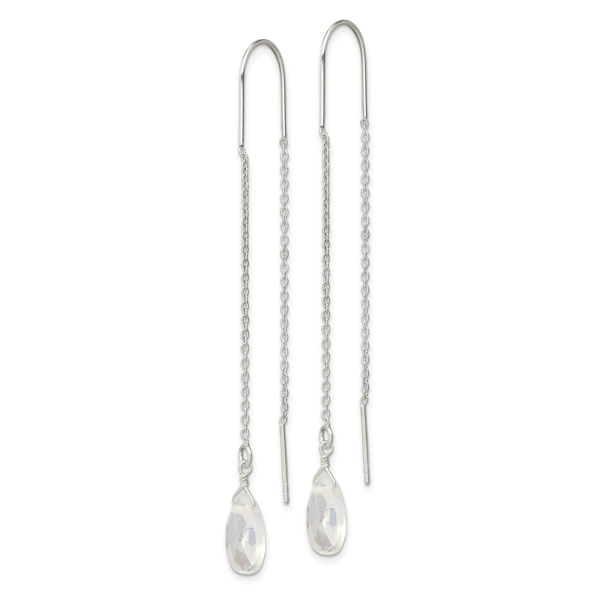 Sterling Silver Threader Earrings with Opalite Teardrop, Delicate Chain Dangle Boho Style