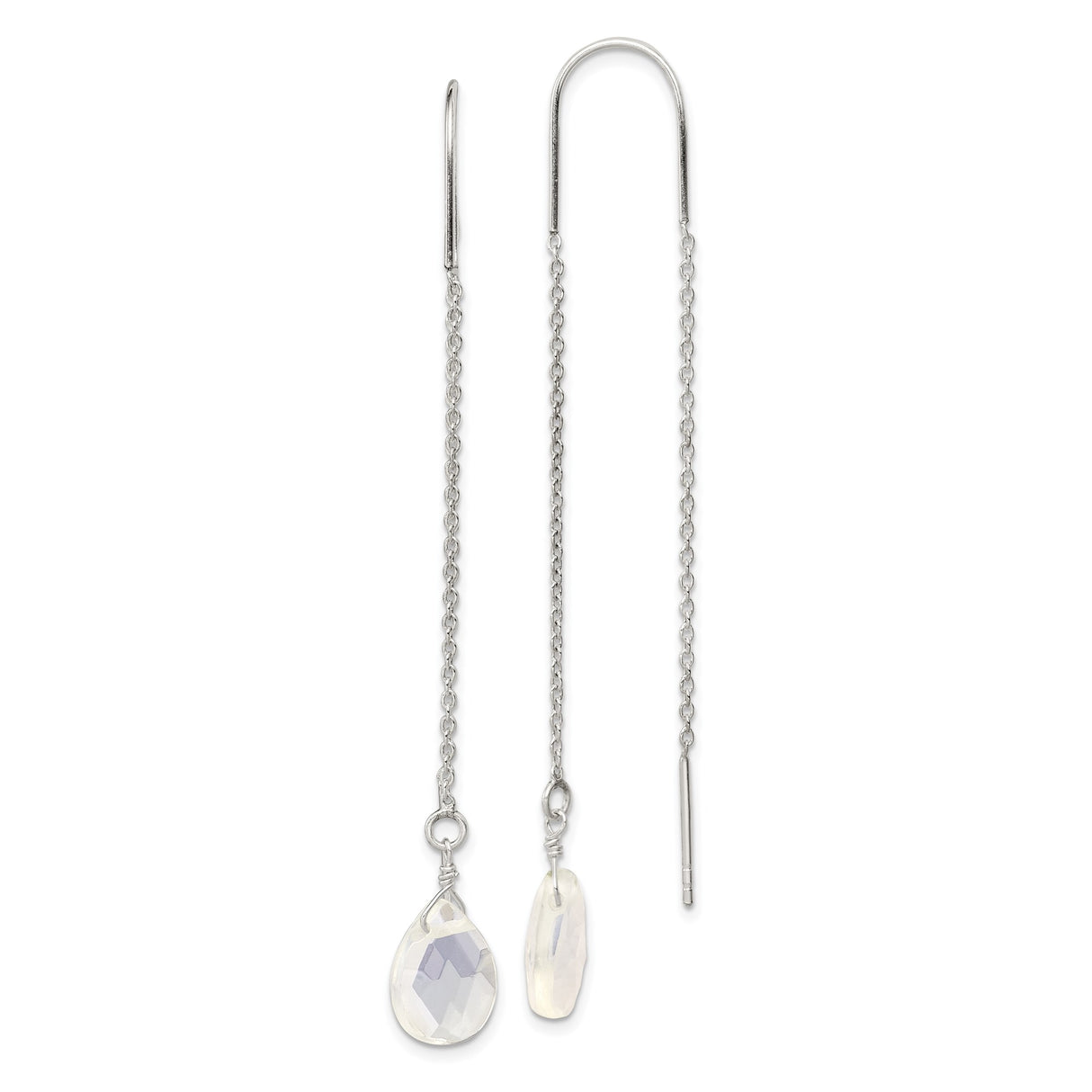 Sterling Silver Threader Earrings with Opalite Teardrop, Delicate Chain Dangle Boho Style
