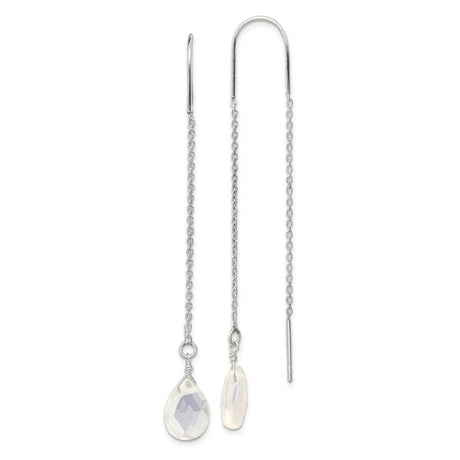 Sterling Silver Threader Earrings with Opalite Teardrop, Delicate Chain Dangle Boho Style