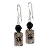Sterling Silver Dangle Earrings with Faceted Black Beads and Rutilated Quartz, Modern Boho Style