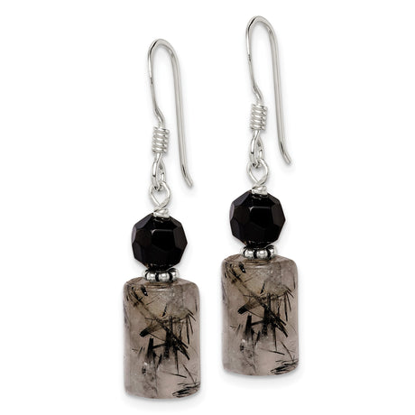 Sterling Silver Dangle Earrings with Faceted Black Beads and Rutilated Quartz, Modern Boho Style