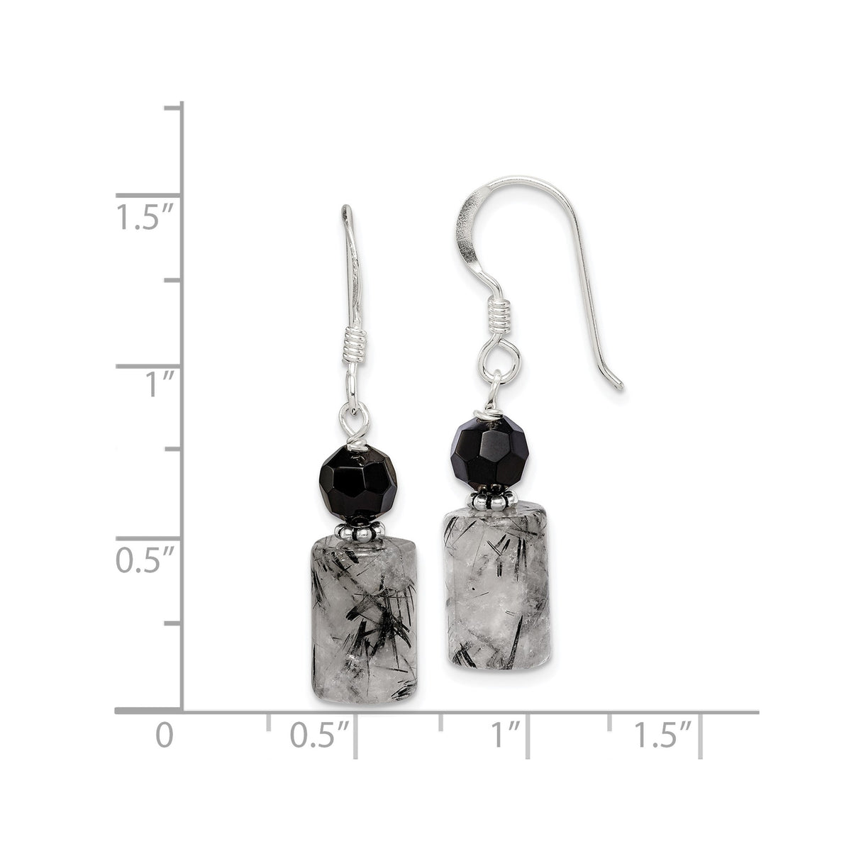 Sterling Silver Dangle Earrings with Faceted Black Beads and Rutilated Quartz, Modern Boho Style