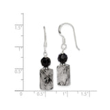 Sterling Silver Dangle Earrings with Faceted Black Beads and Rutilated Quartz, Modern Boho Style