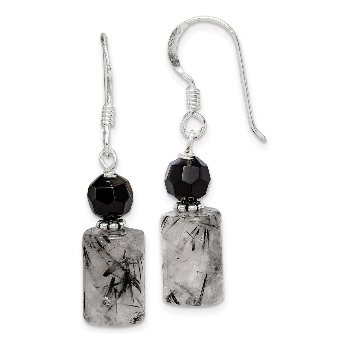 Sterling Silver Dangle Earrings with Faceted Black Beads and Rutilated Quartz, Modern Boho Style